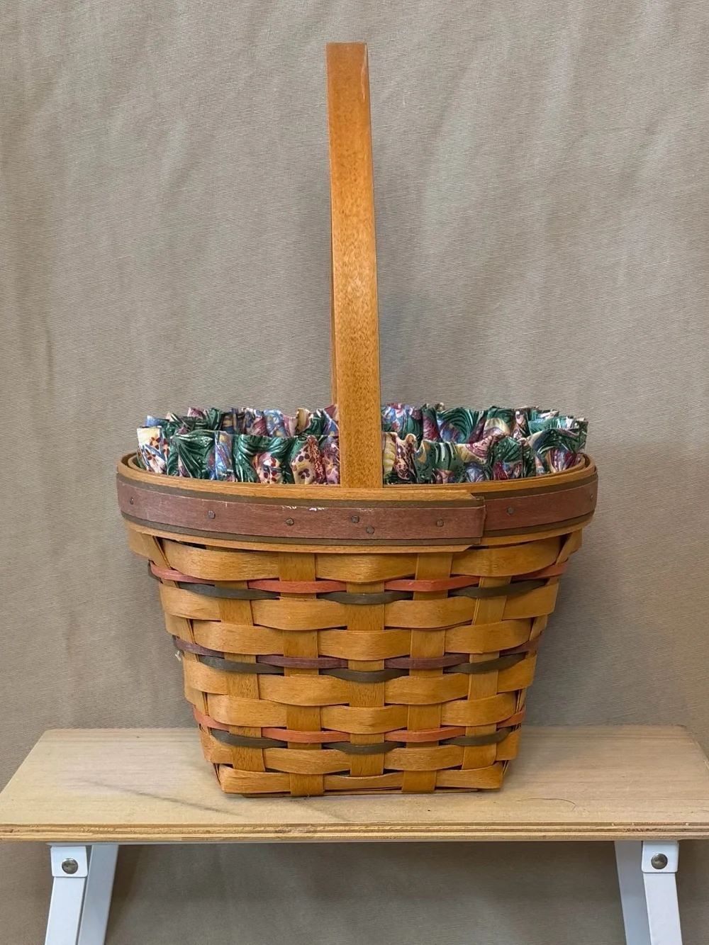 Longaberger Brown Basket with Easter Multicolor Floral Liner